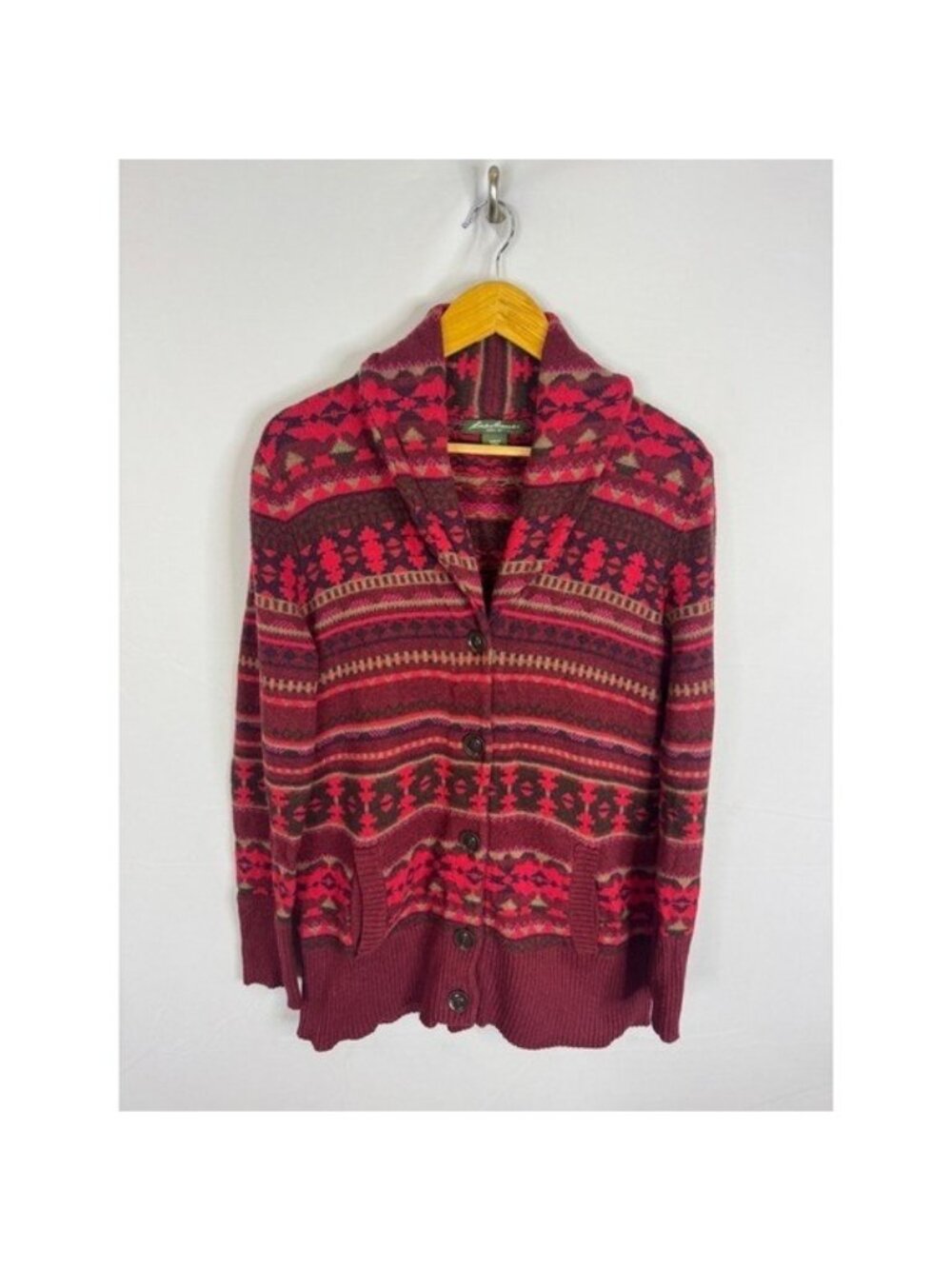 Eddie Bauer Shawl Collar Fair Isle Cardigan Sweater Burgundy Womens Large